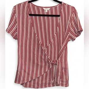 Lucky Brand Boho Dusty Rose Striped Tie Front Wrap Short Sleeved Top Size Large